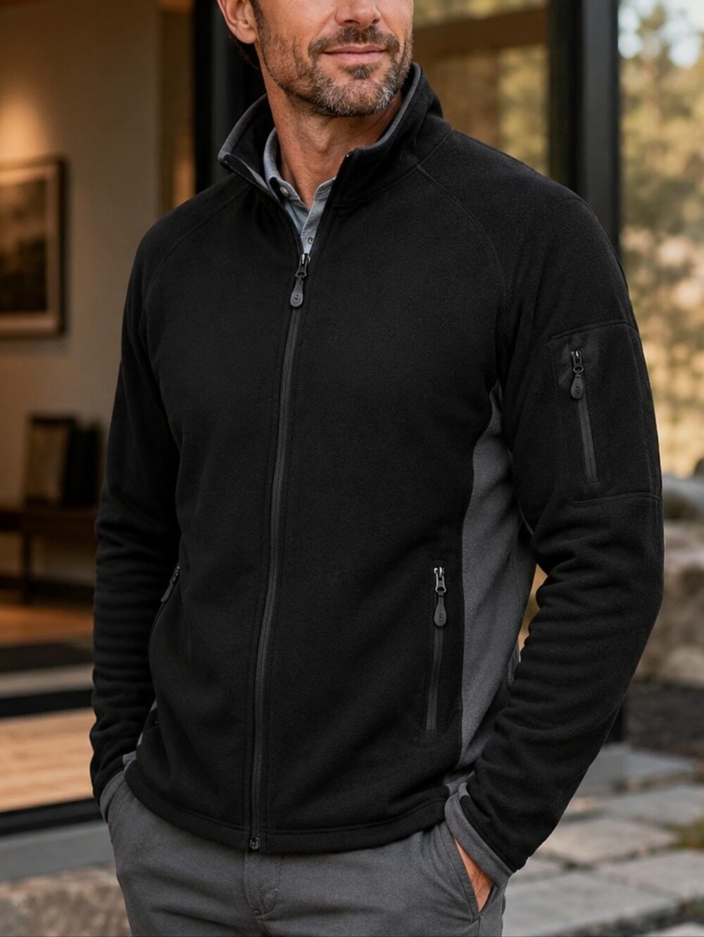 ibex Men's Black Fleece Jacket with Dark Gray Side Panels